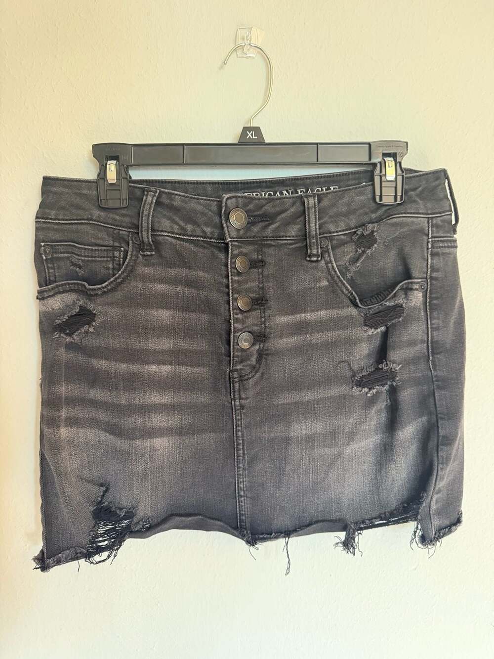American Eagle Super StretchX Distressed Black Denim Button Fly Mini Skirt